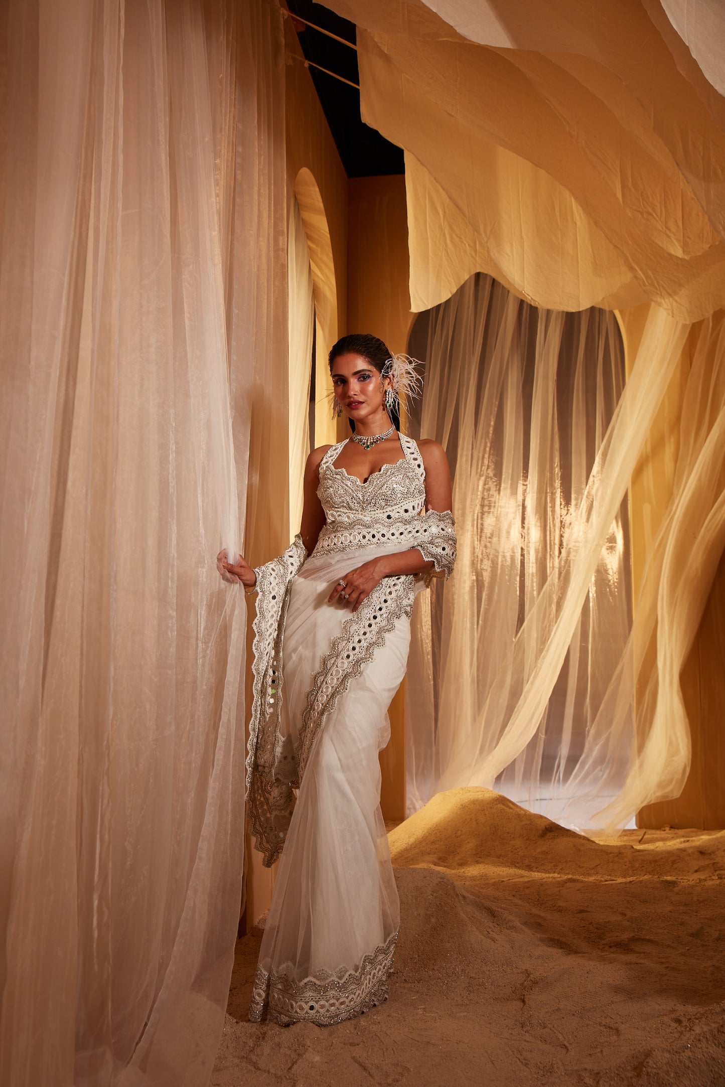 IVORY EMBELLISHED SAREE SET