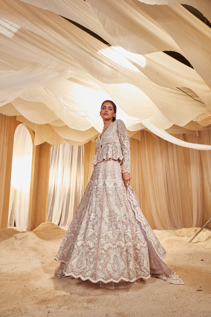 LILAC EMBROIDERED PEPLUM BRIDAL LEHENGA SET