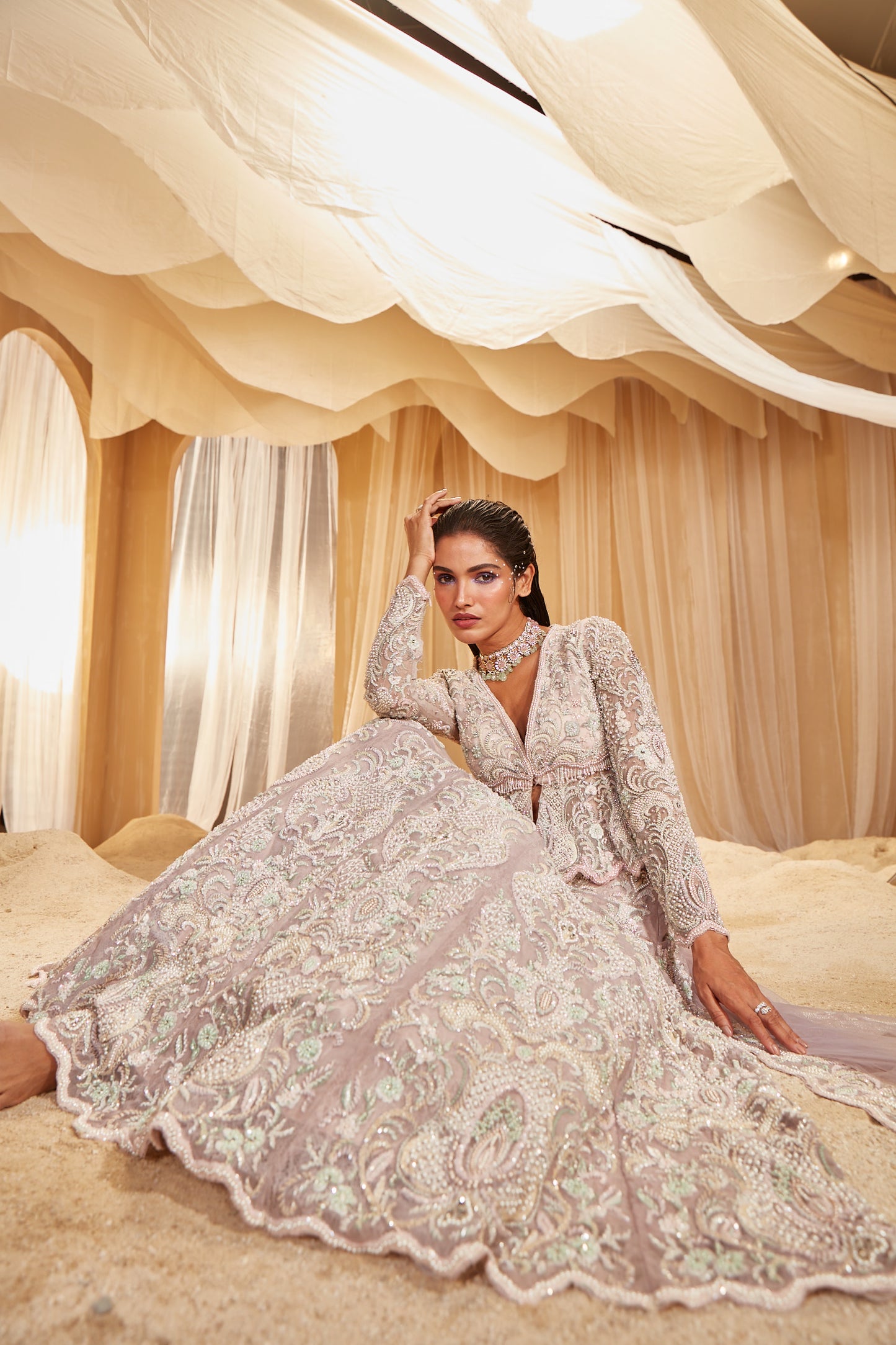 LILAC EMBROIDERED PEPLUM BRIDAL LEHENGA SET