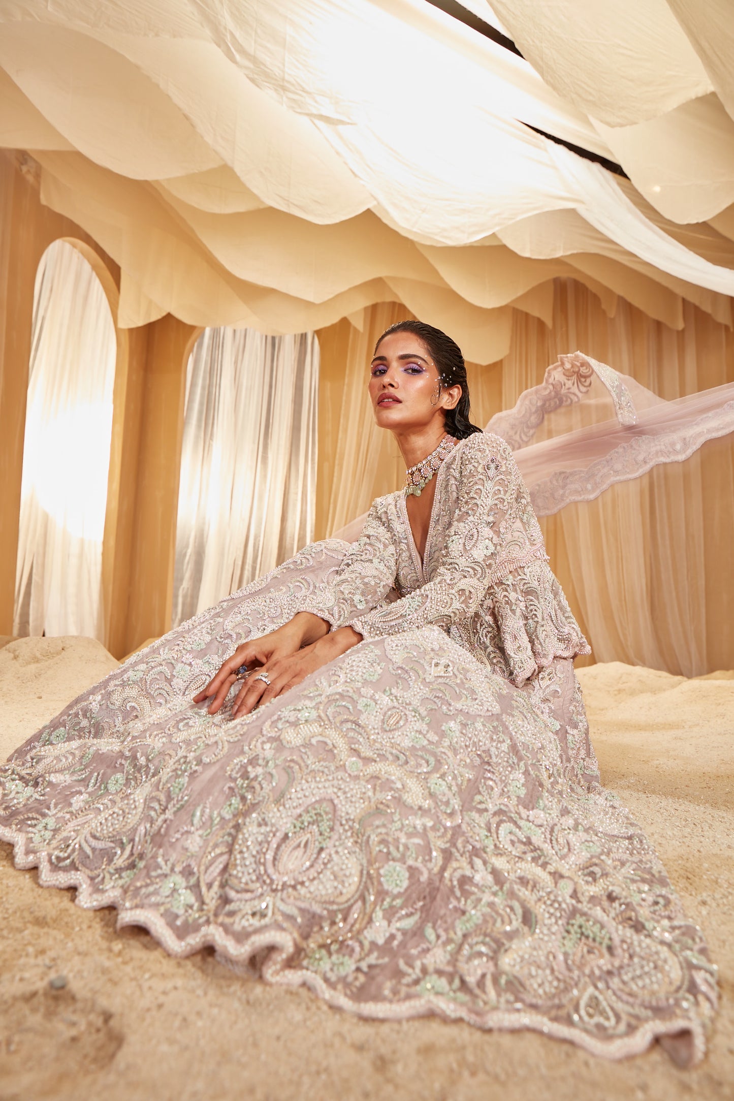 LILAC EMBROIDERED PEPLUM BRIDAL LEHENGA SET