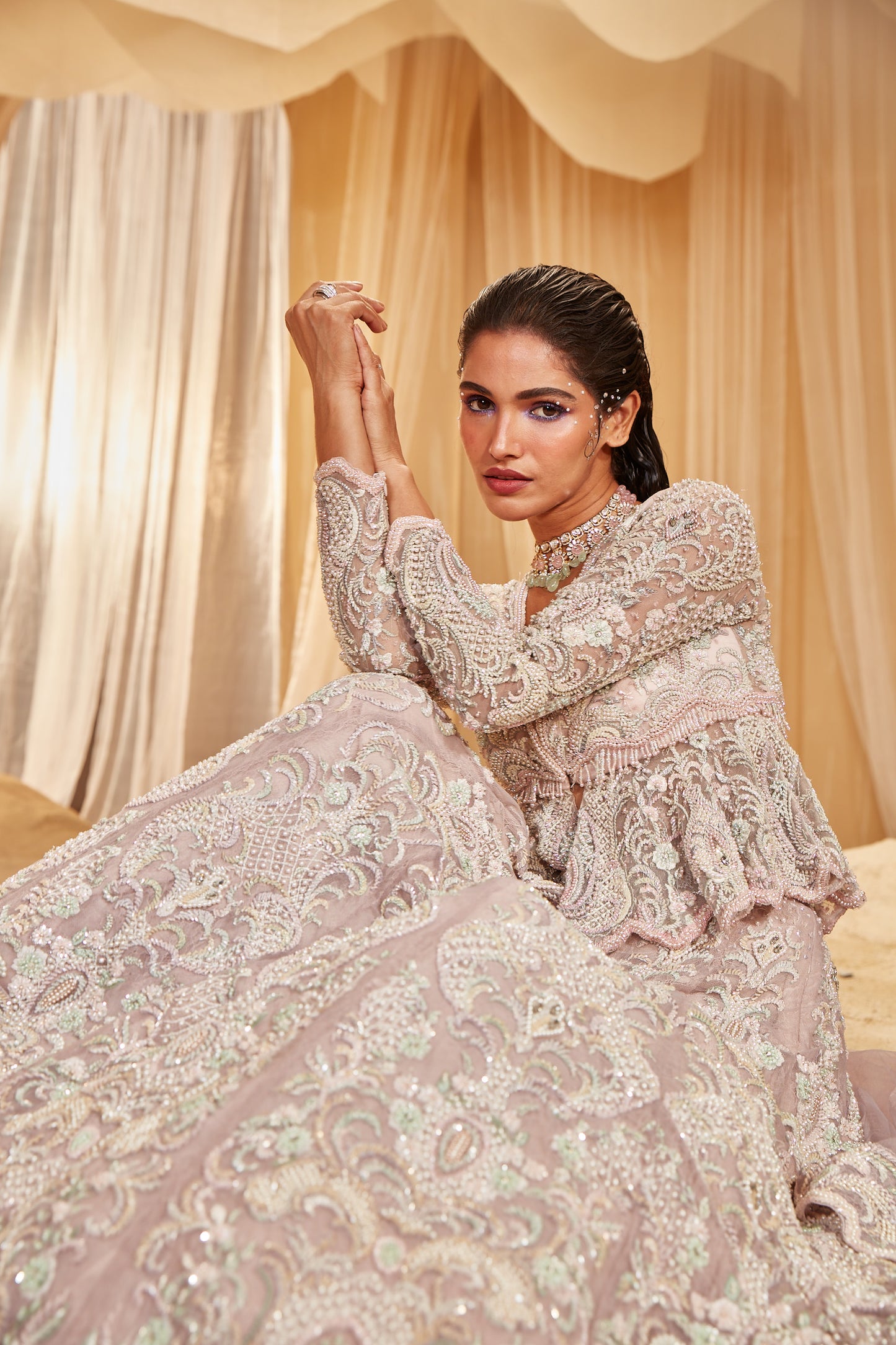 LILAC EMBROIDERED PEPLUM BRIDAL LEHENGA SET