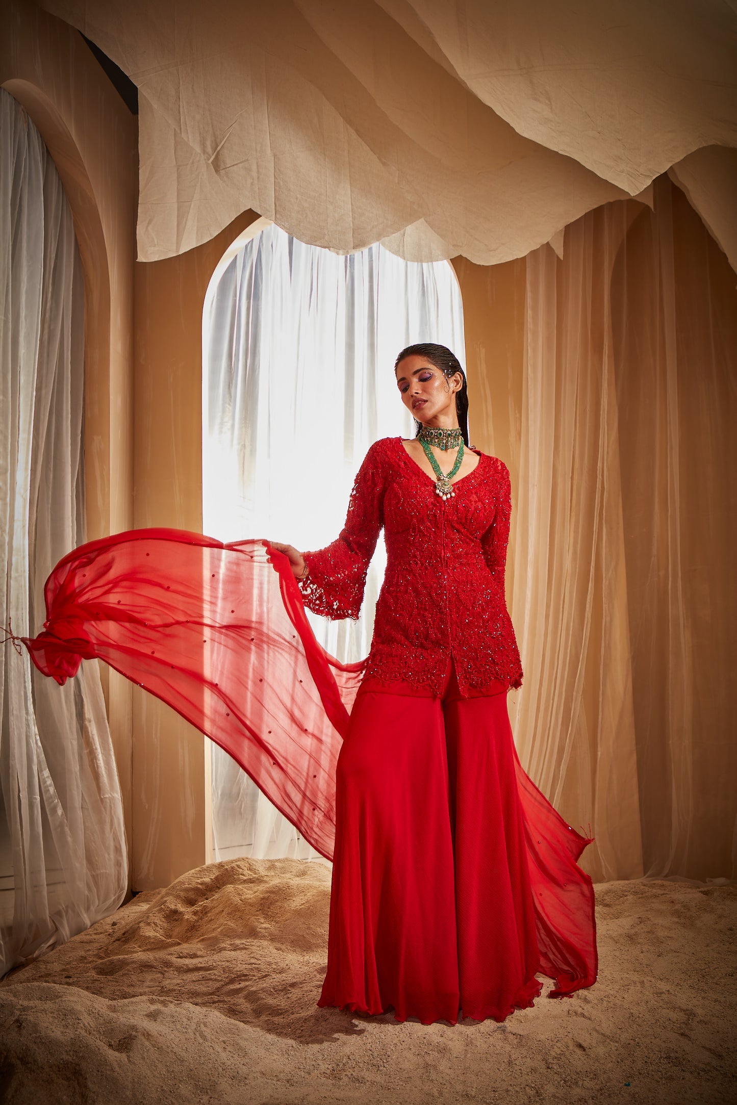 RED EMBROIDERED JACKET SET