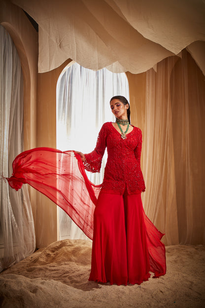 RED EMBROIDERED JACKET SET