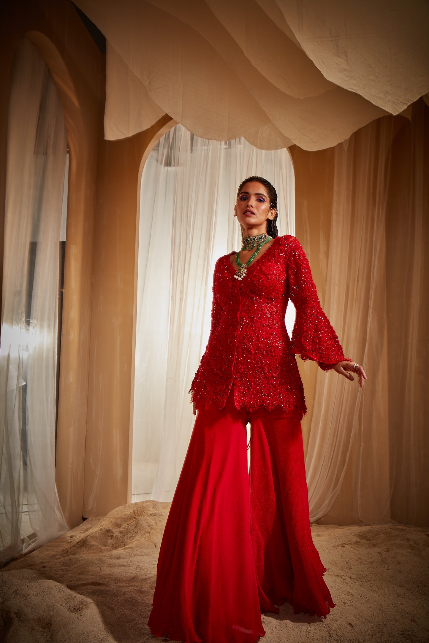 RED EMBROIDERED JACKET SET