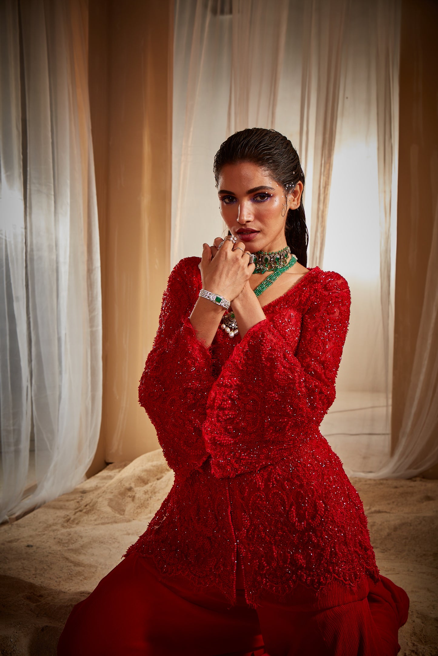 RED EMBROIDERED JACKET SET