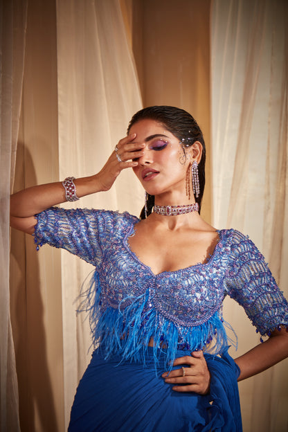BLUE RUFFLE PRE-DRAPED SAREE