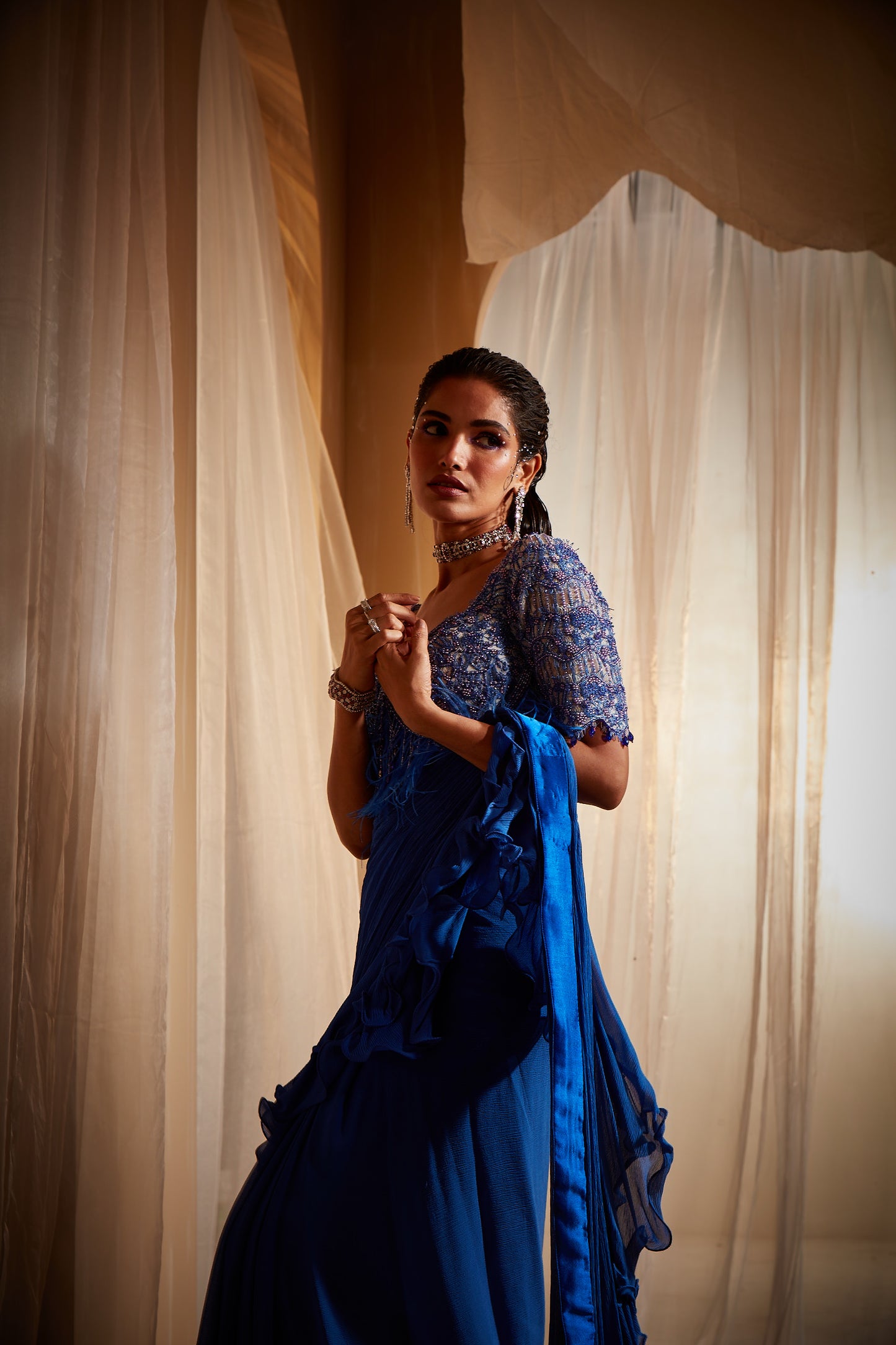 BLUE RUFFLE PRE-DRAPED SAREE