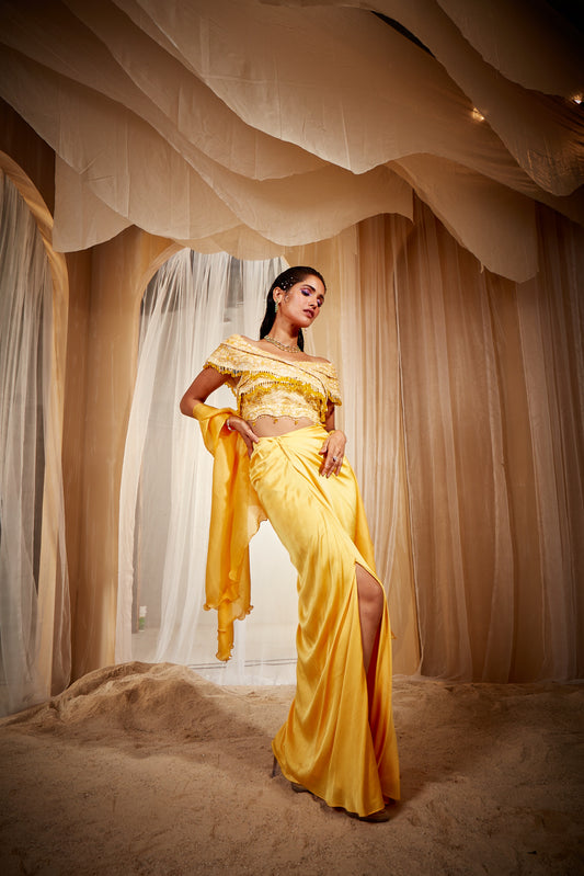 YELLOW DRAPED SAREE SET