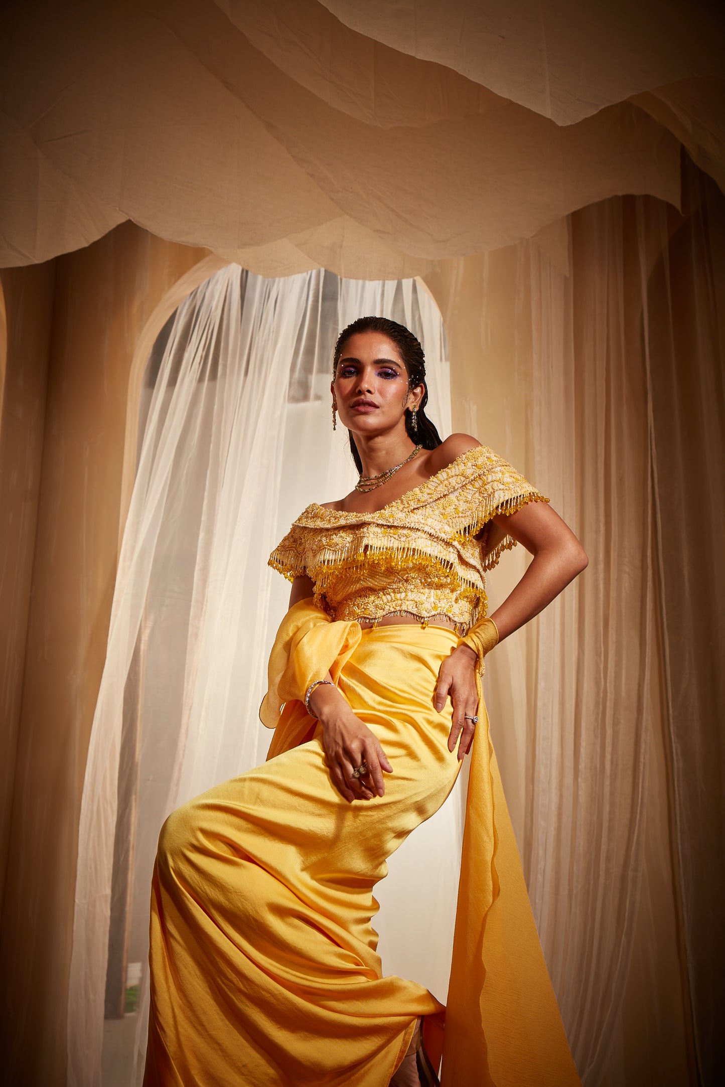 YELLOW DRAPED SAREE SET