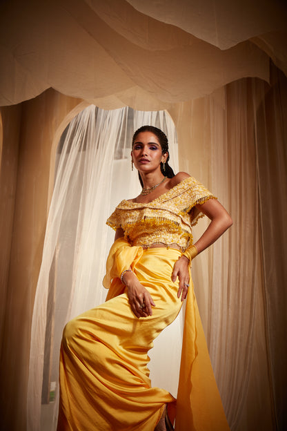 YELLOW DRAPED SAREE SET