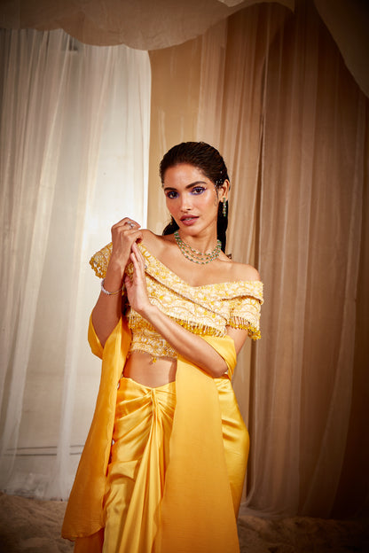 YELLOW DRAPED SAREE SET