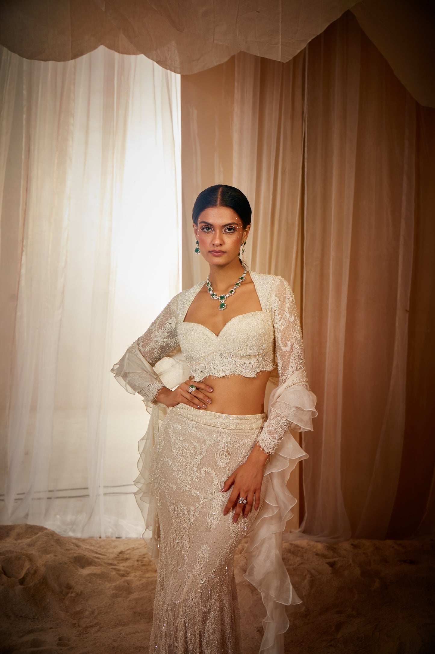 ECRU EMBROIDERED FISHCUT LEHENGA SET