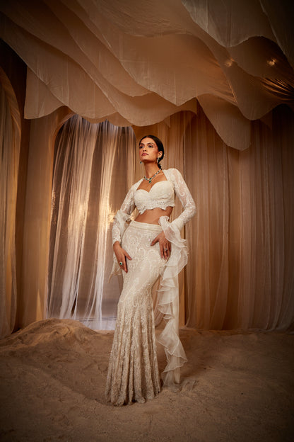 ECRU EMBROIDERED FISHCUT LEHENGA SET