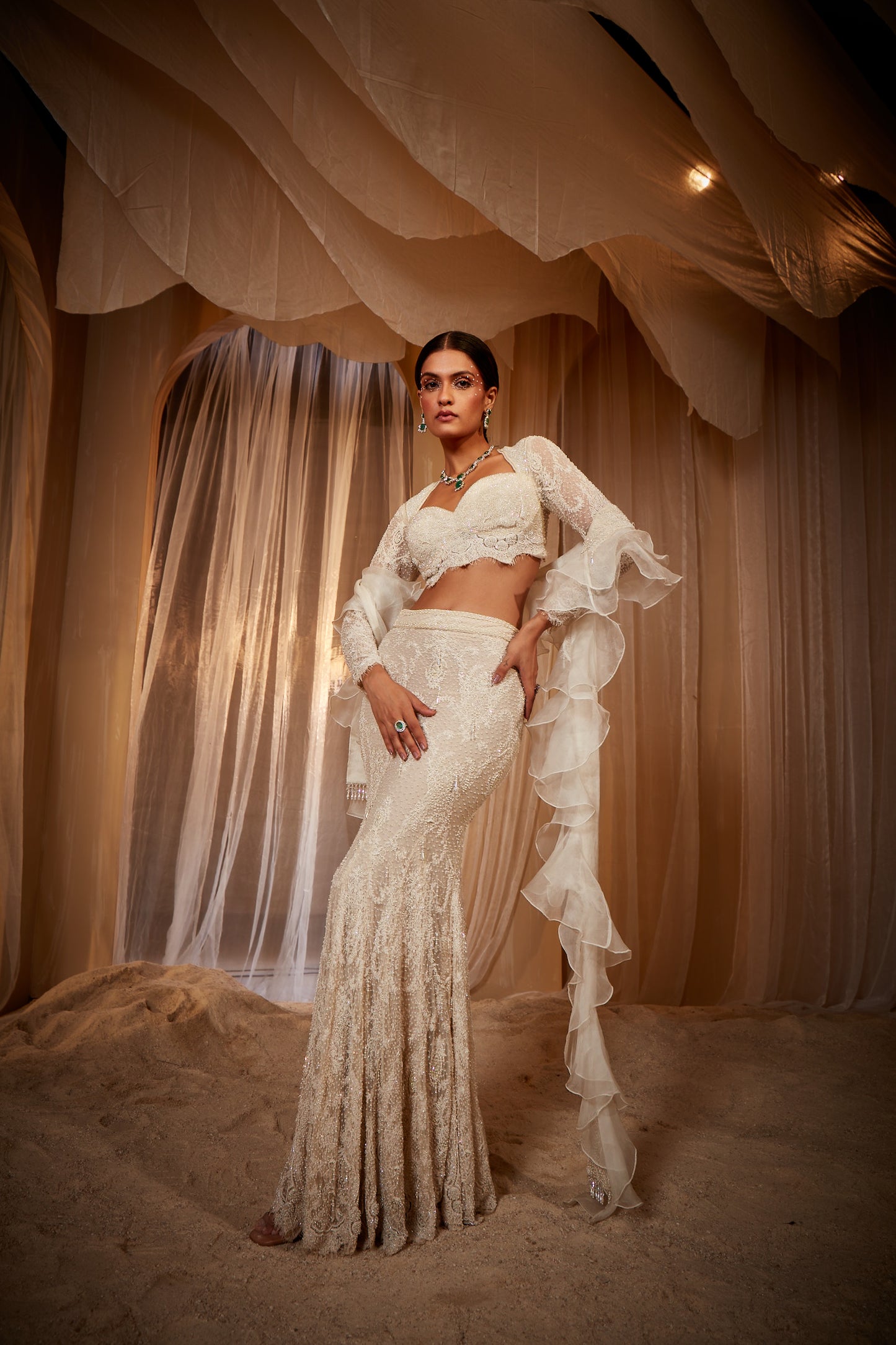 ECRU EMBROIDERED FISHCUT LEHENGA SET