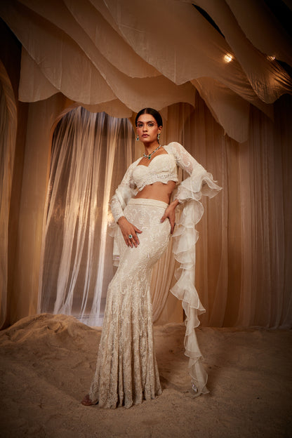 ECRU EMBROIDERED FISHCUT LEHENGA SET