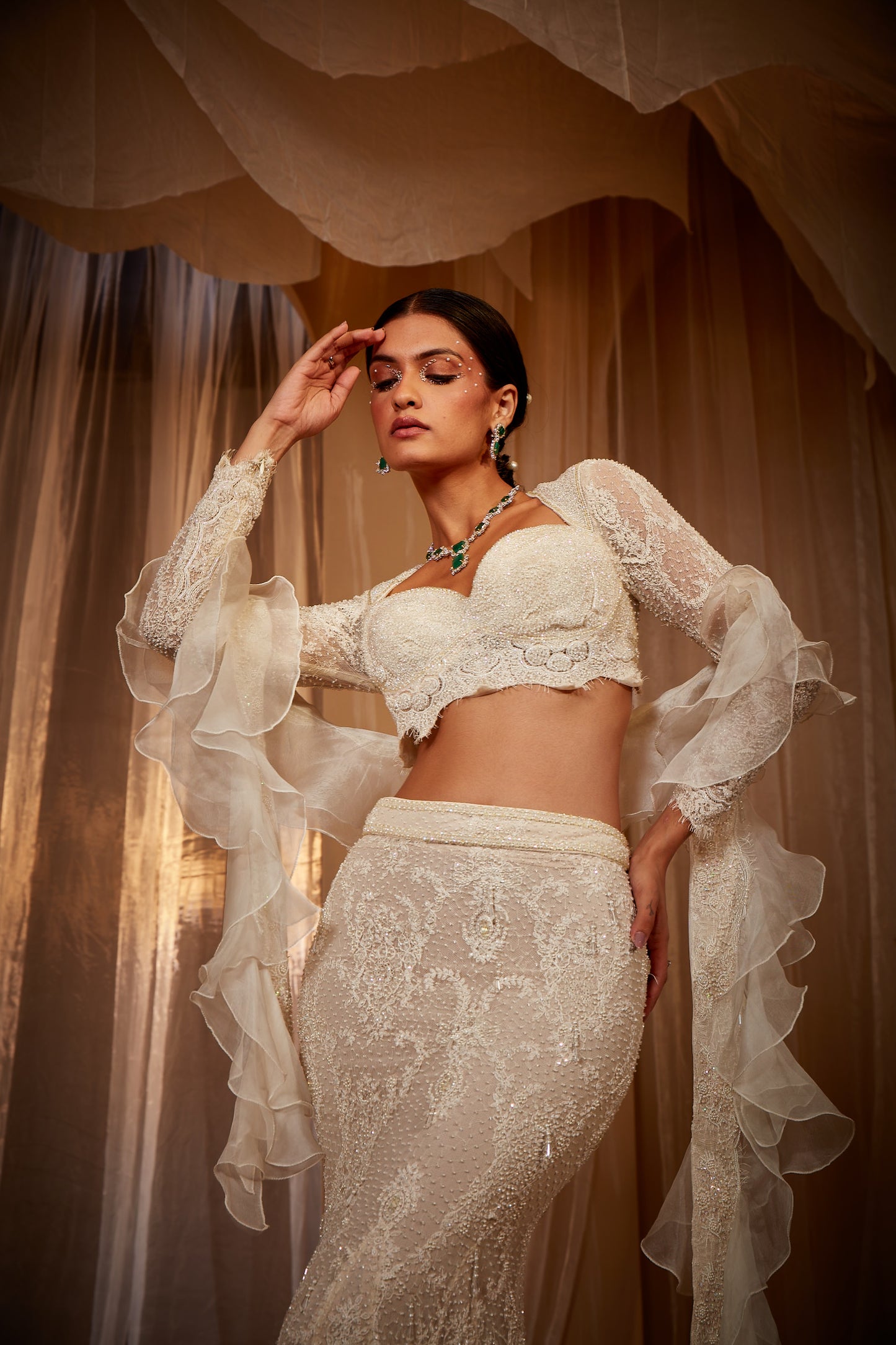 ECRU EMBROIDERED FISHCUT LEHENGA SET