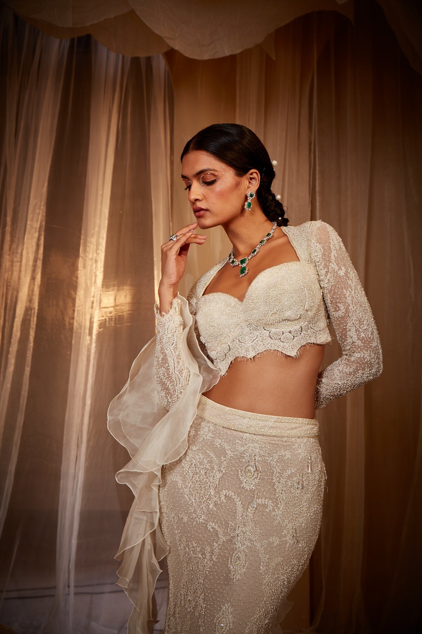 ECRU EMBROIDERED FISHCUT LEHENGA SET