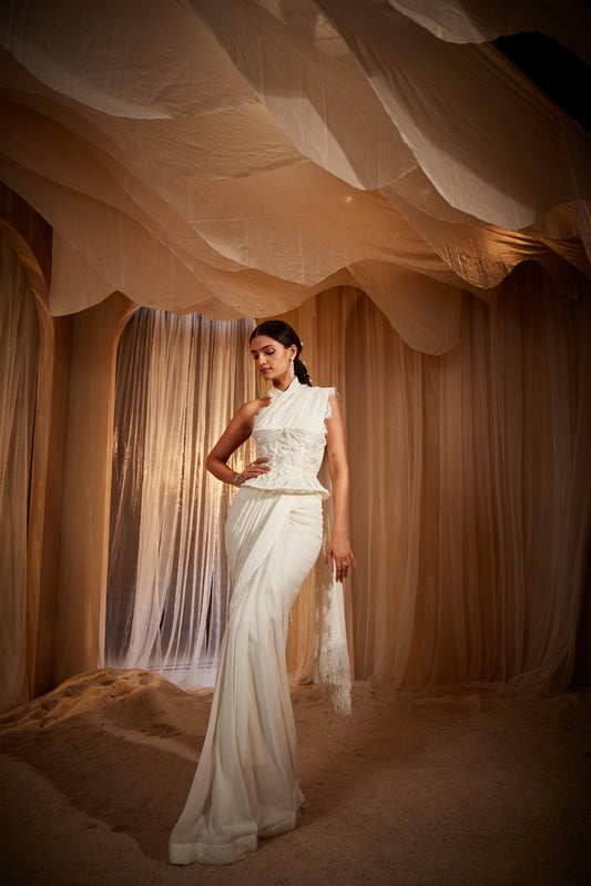 IVORY DRAPED SAREE SET