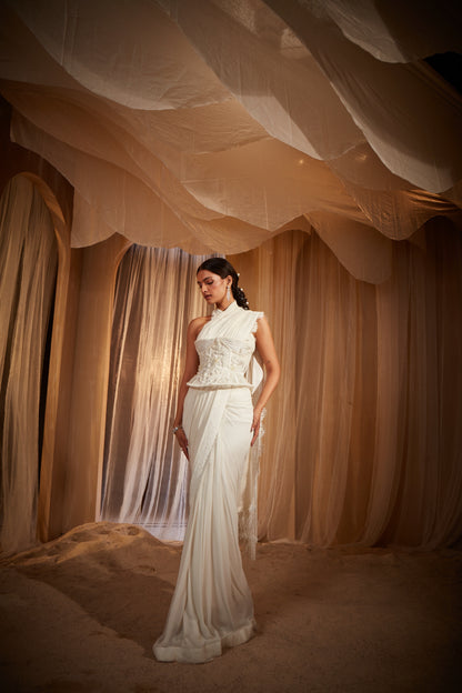 IVORY DRAPED SAREE SET