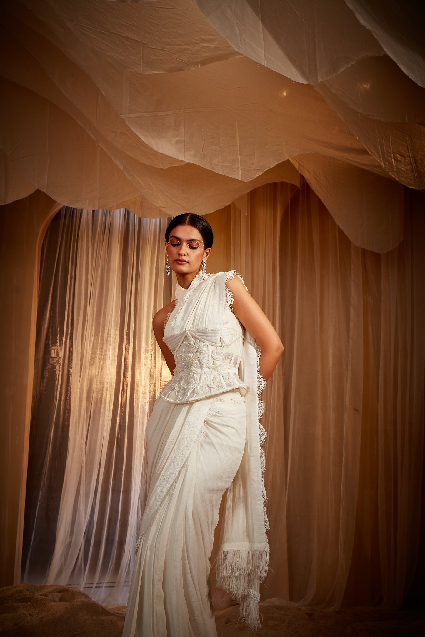 IVORY DRAPED SAREE SET