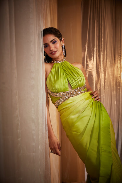 GREEN OMBRE SHADED SAREE SET