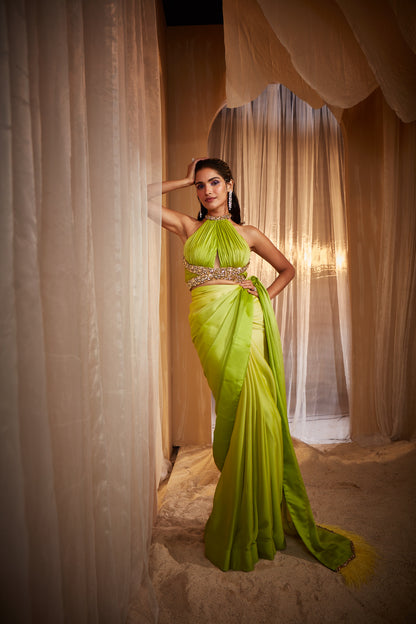 GREEN OMBRE SHADED SAREE SET