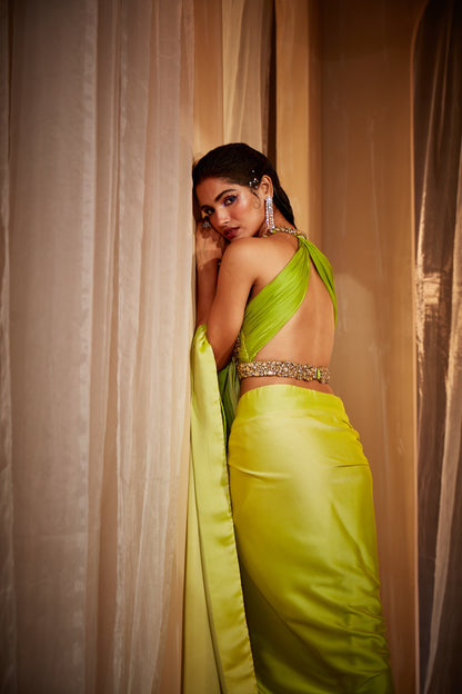 GREEN OMBRE SHADED SAREE SET