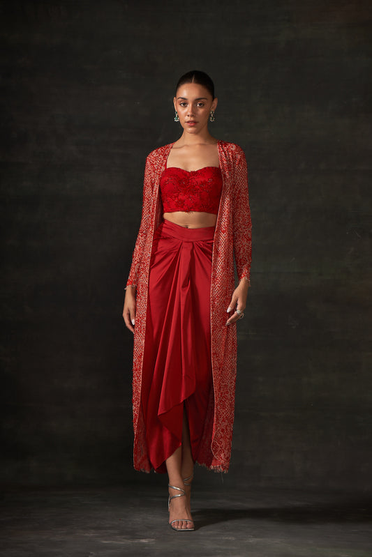 RED EMBROIDERED JACKET SET