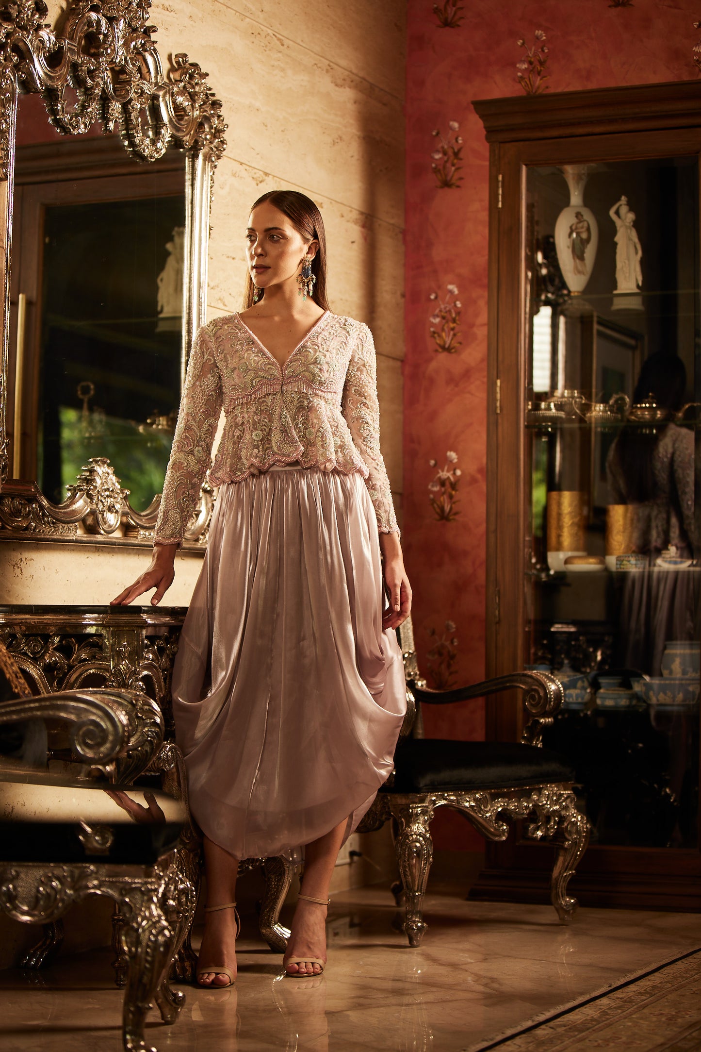 LILAC GHERA AND COWL SKIRT SET