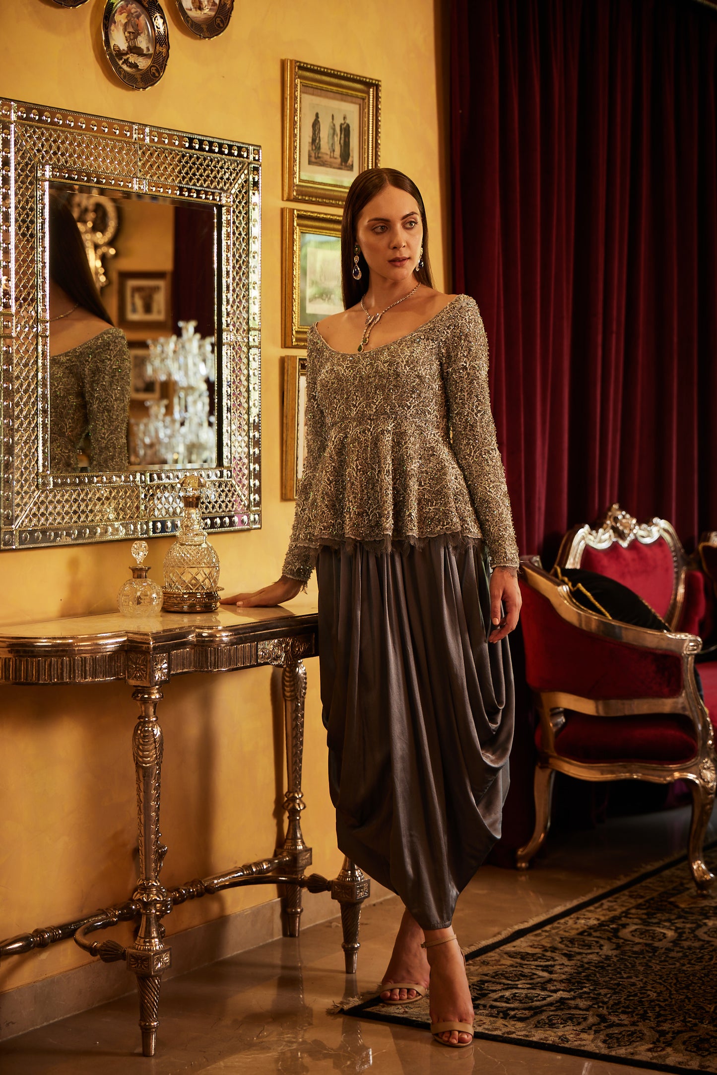 Grey lace fully embellished Ghera Choli with Silk Cowl Lungi