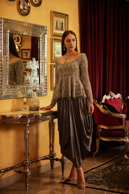 Grey lace fully embellished Ghera Choli with Silk Cowl Lungi