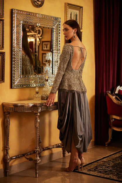 Grey lace fully embellished Ghera Choli with Silk Cowl Lungi