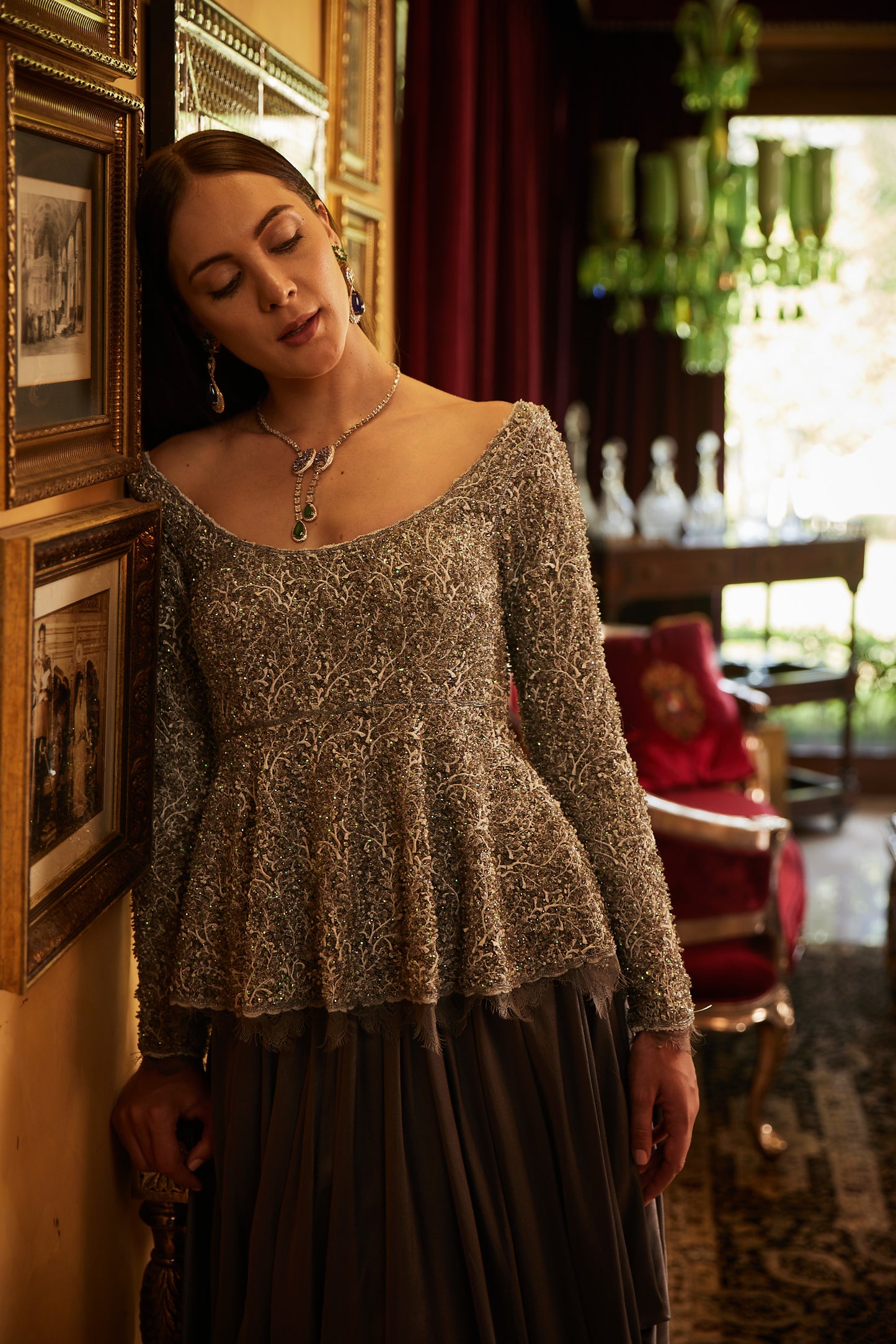 Grey lace fully embellished Ghera Choli with Silk Cowl Lungi