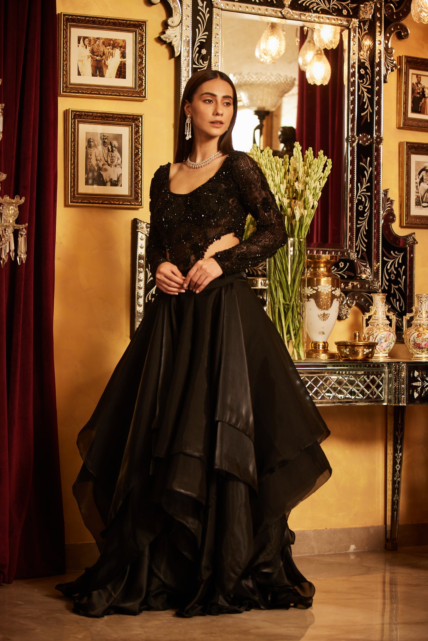 Black Embellished bodysuit & Drape Skirt with side slit