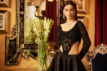 Black Embellished bodysuit & Drape Skirt with side slit