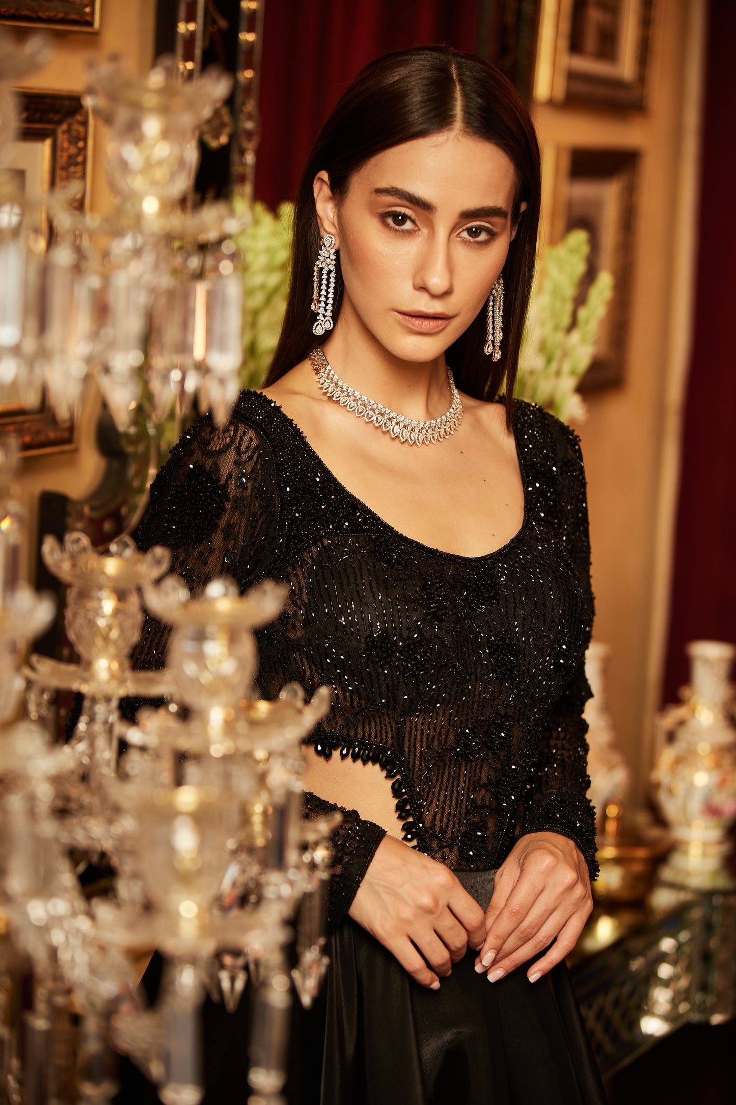 Black Embellished bodysuit & Drape Skirt with side slit