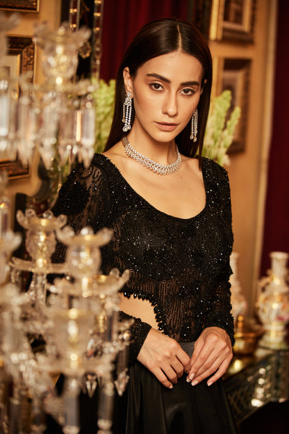 Black Embellished bodysuit & Drape Skirt with side slit