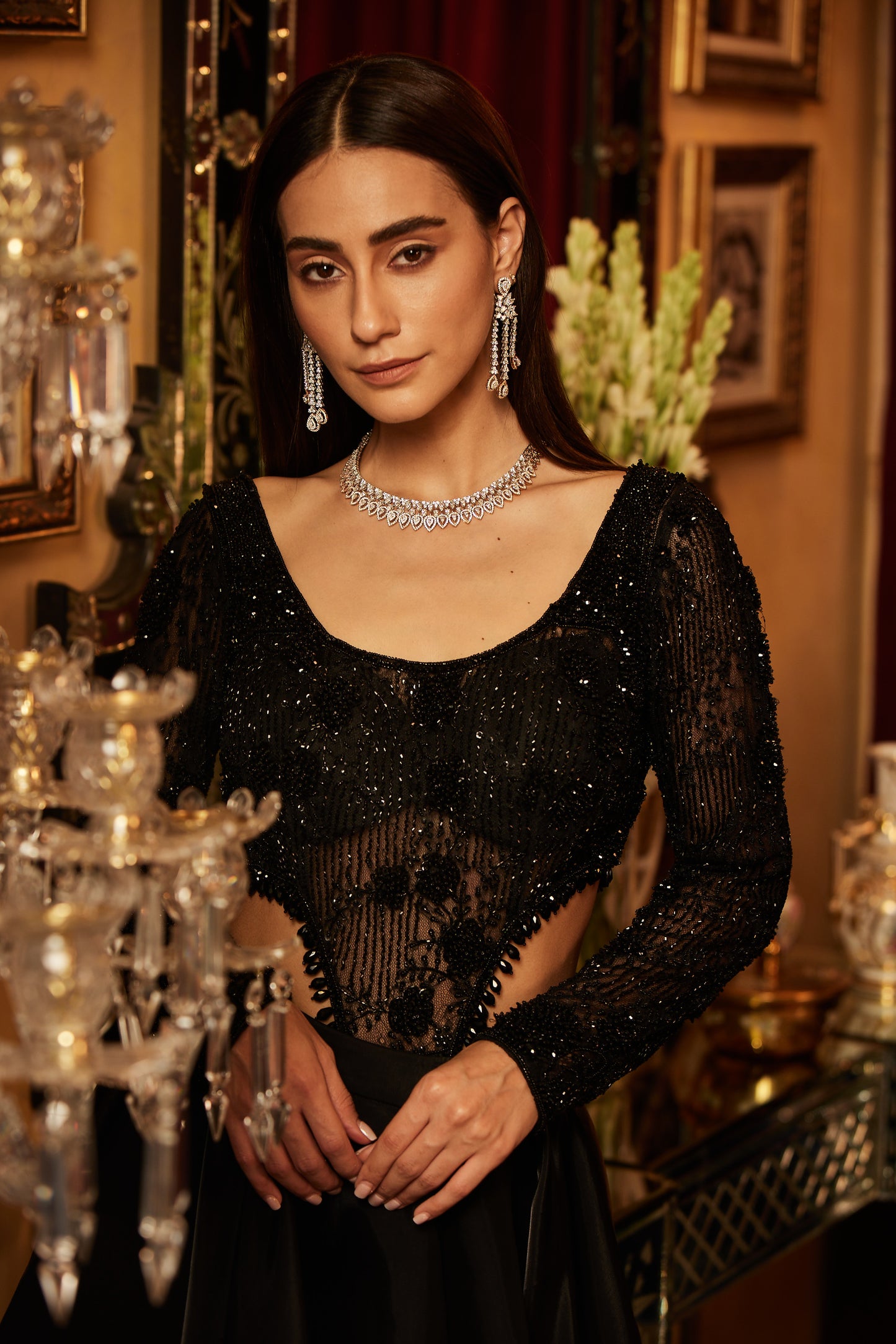 Black Embellished bodysuit & Drape Skirt with side slit
