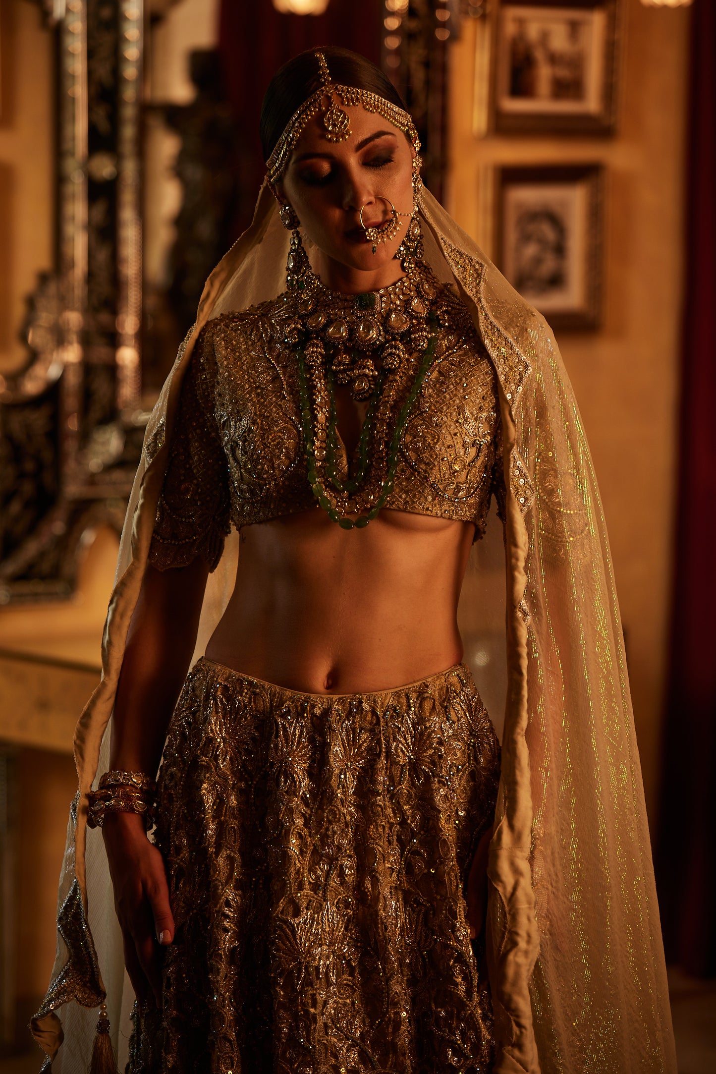 Golden Lace fully embroided Lehenga , Blouse & Dupatta