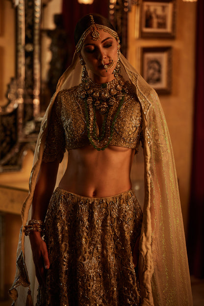 Golden Lace fully embroided Lehenga , Blouse & Dupatta