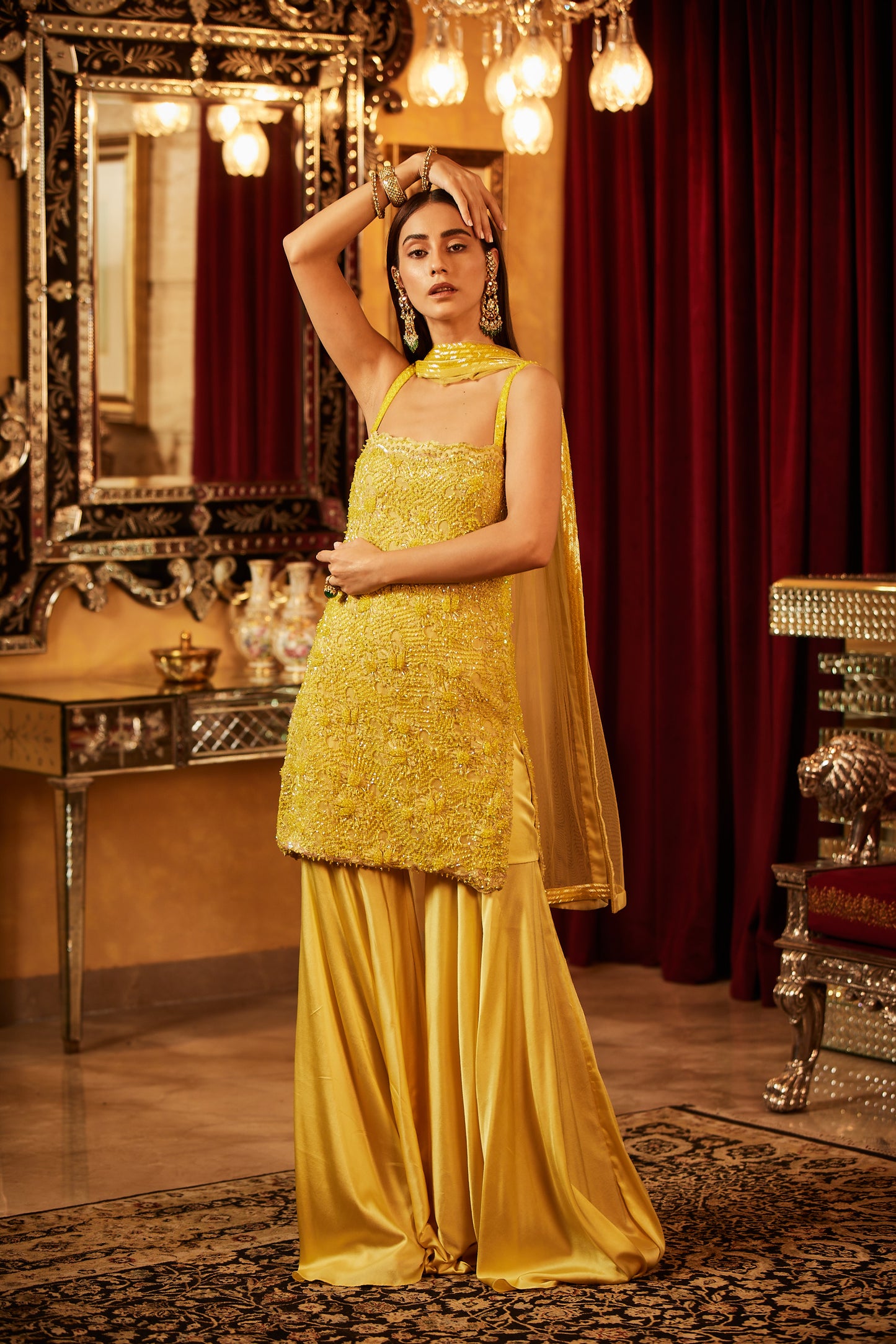 Yellow crystal embellished short kurti Sharara & dupatta