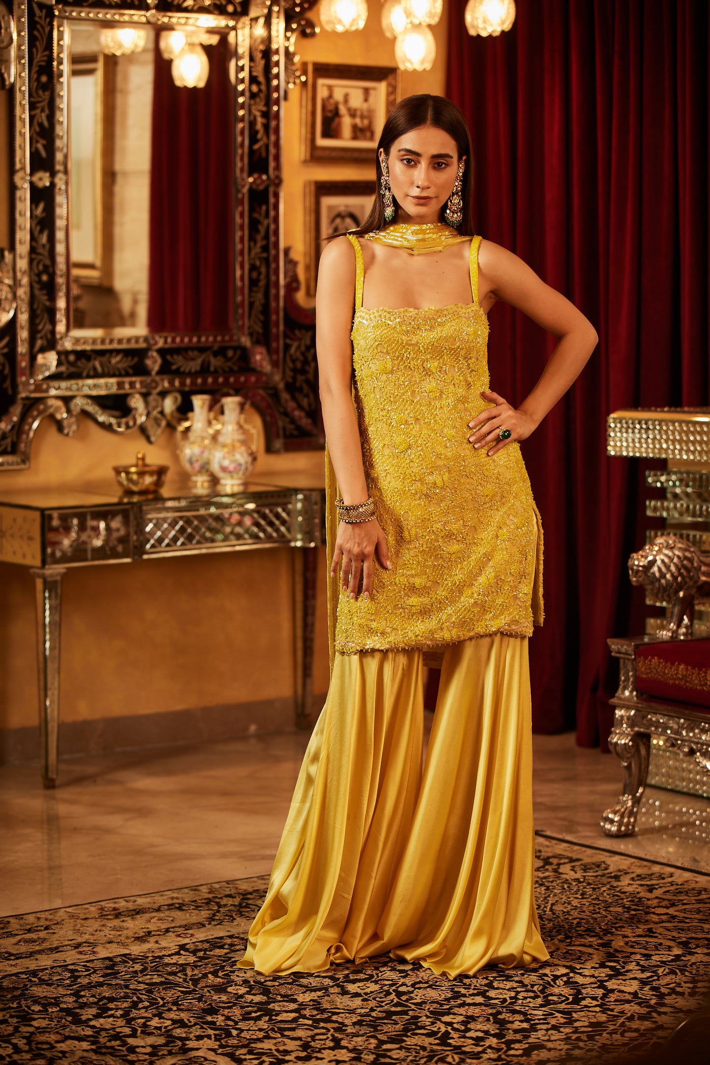 Yellow crystal embellished short kurti Sharara & dupatta