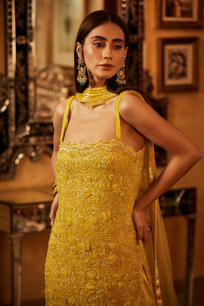 Yellow crystal embellished short kurti Sharara & dupatta