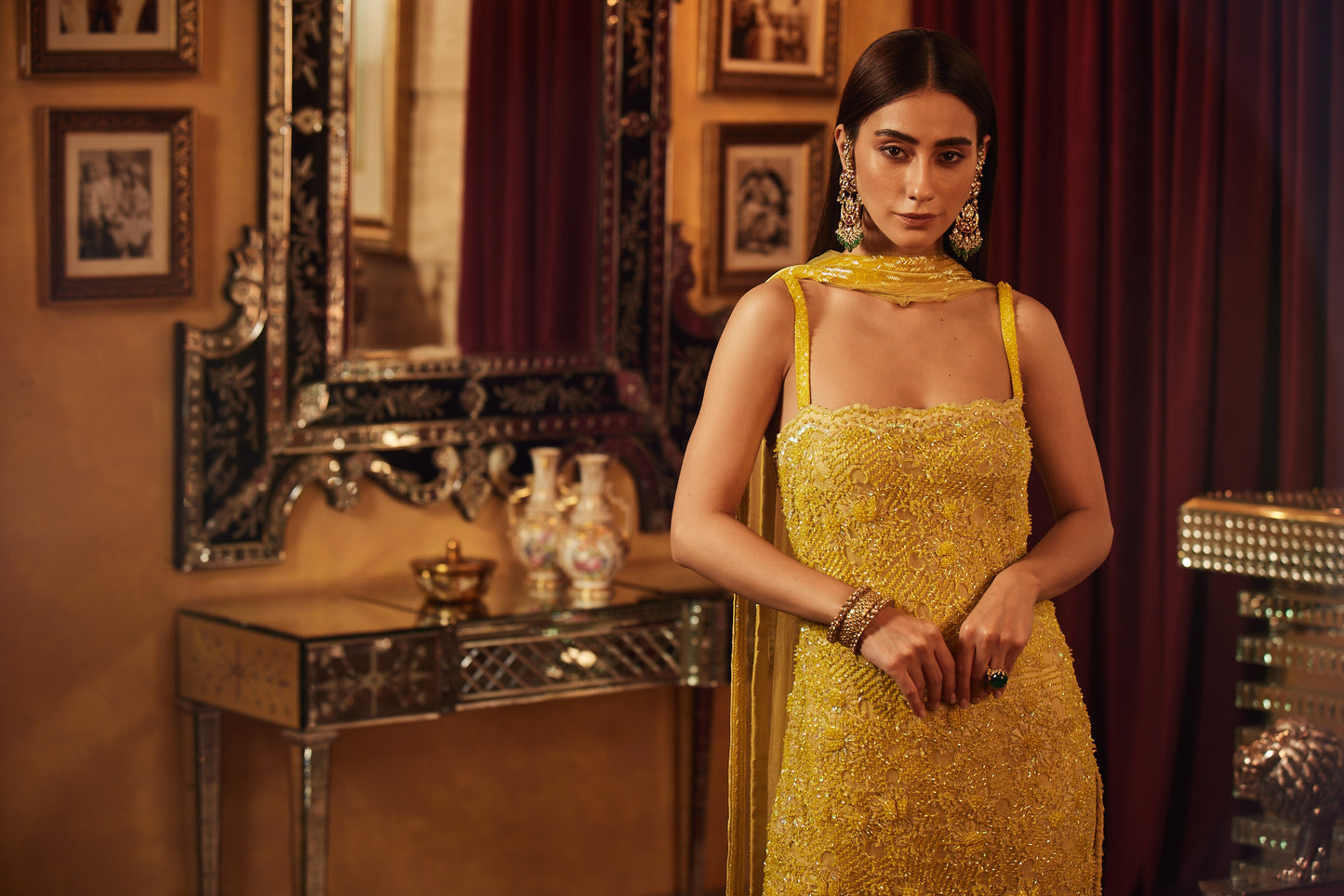 Yellow crystal embellished short kurti Sharara & dupatta