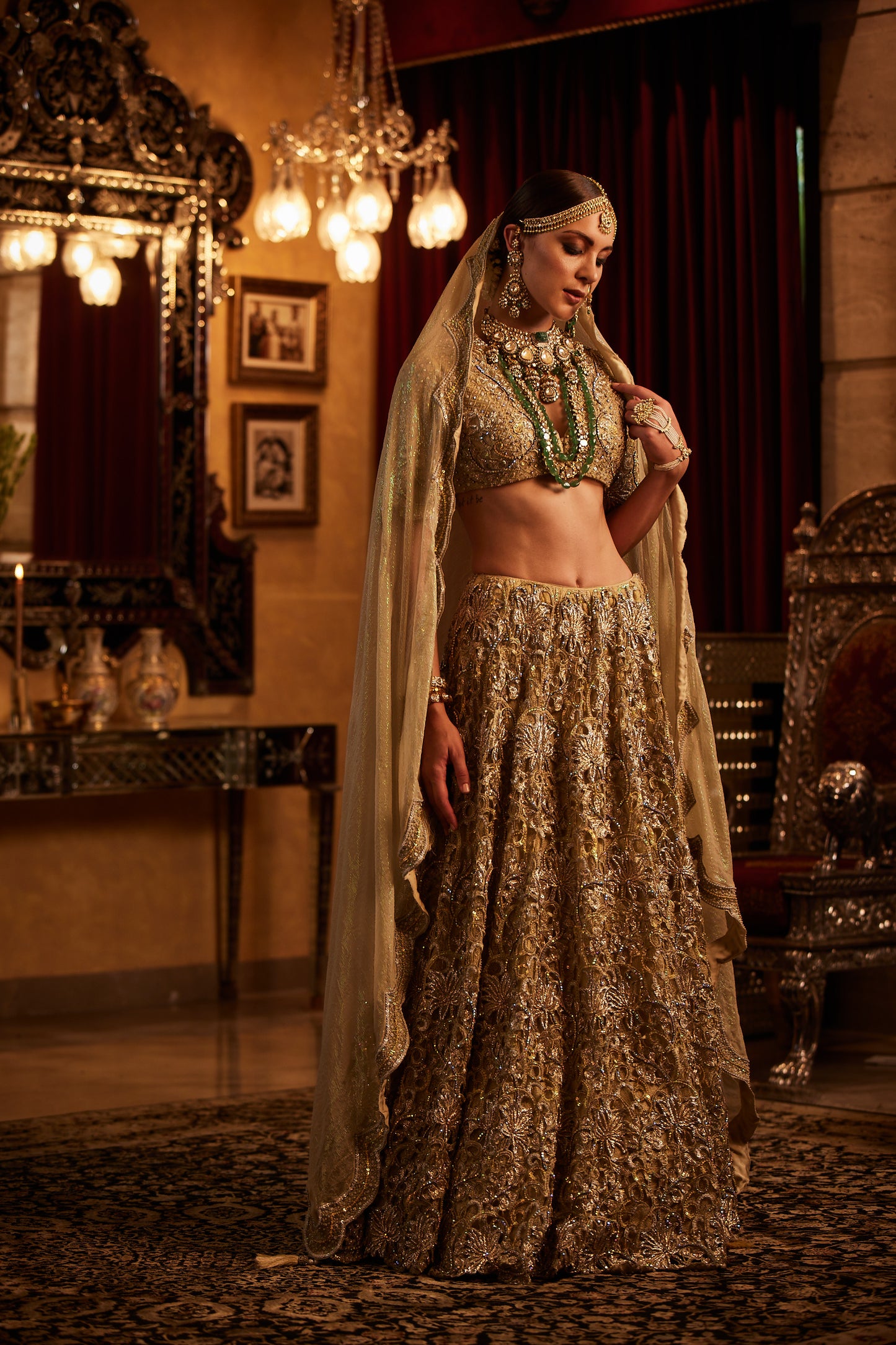 Golden Lace fully embroided Lehenga , Blouse & Dupatta