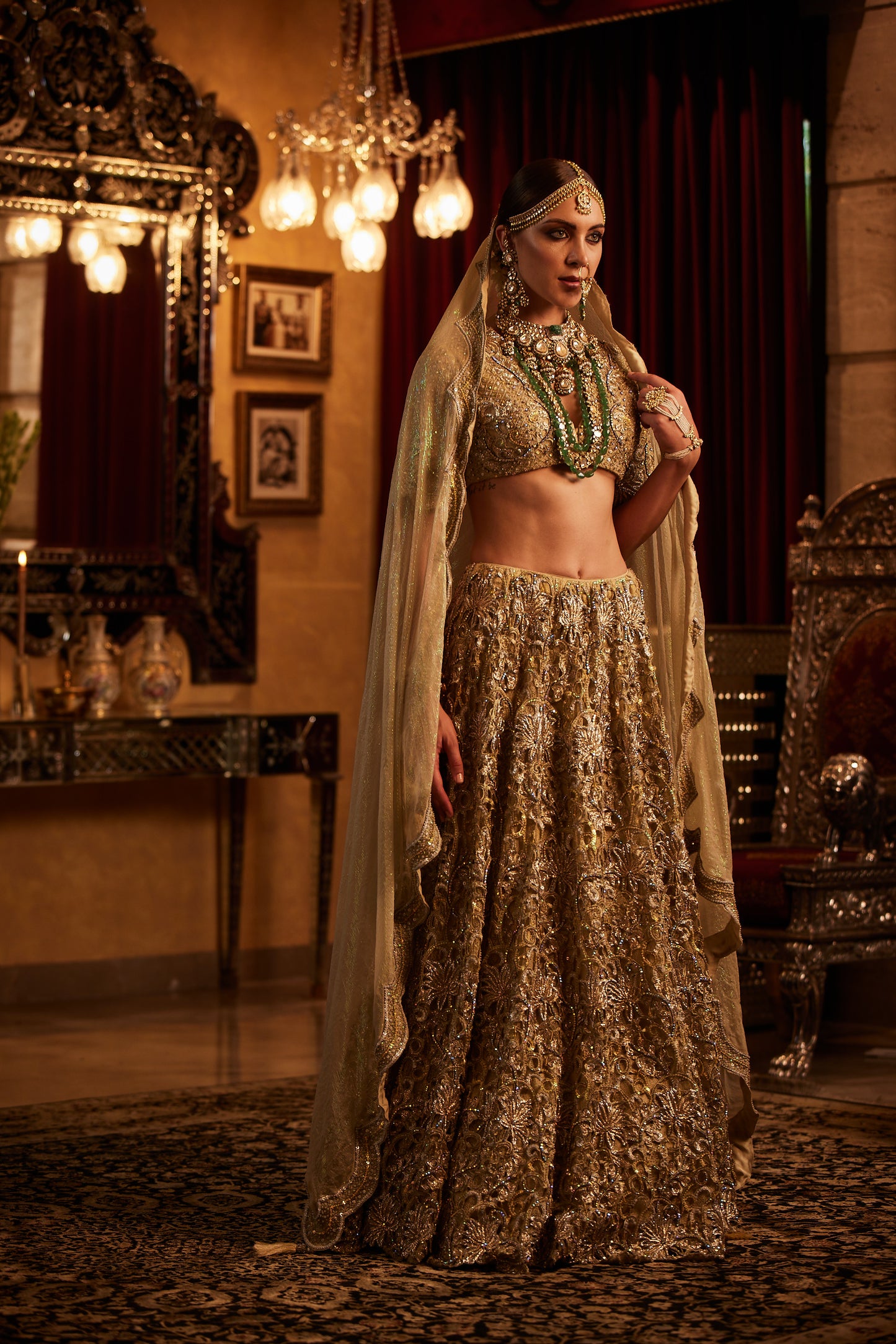 Golden Lace fully embroided Lehenga , Blouse & Dupatta