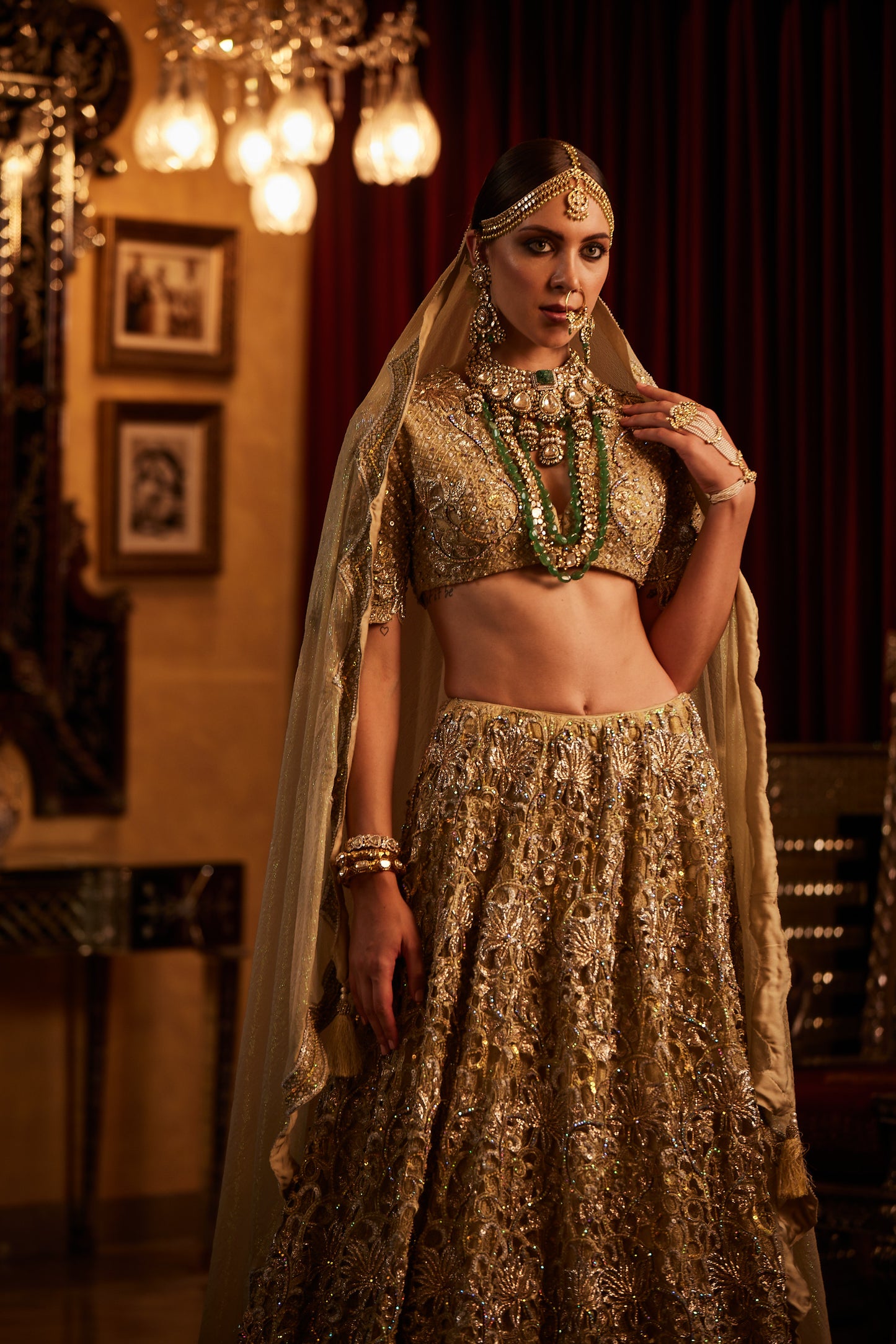 Golden Lace fully embroided Lehenga , Blouse & Dupatta