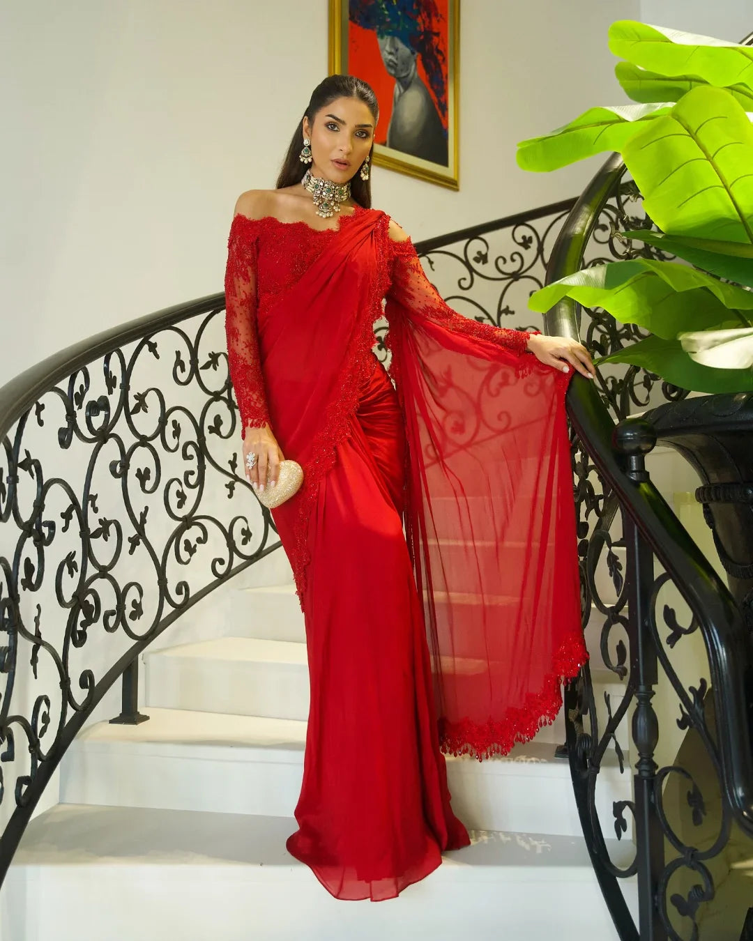 Red lace saree