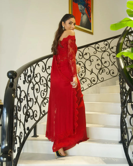 Red lace saree