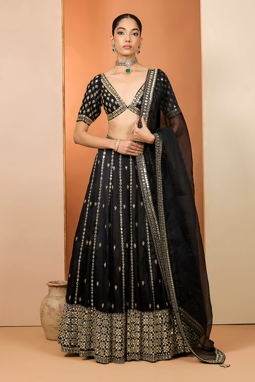 Black Silk Organza Mirror Hand Embroidered Lehenga Set